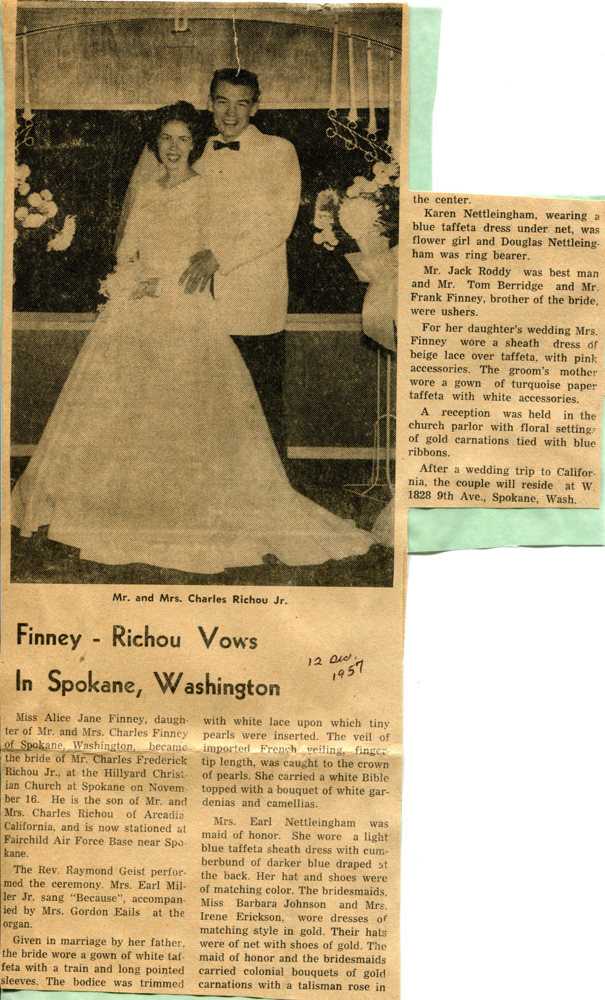 Documents: Marriage- Finney, Alice-Richou, Charles: Rossville Kansas area  genealogy